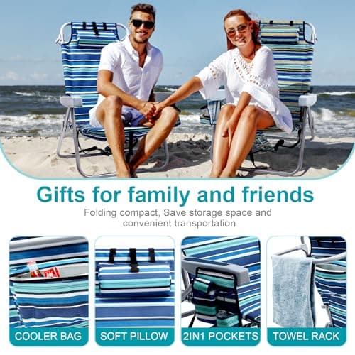 Yestomo Beach Chairs for Adults Heavy Duty, Compact Portable Lay Flat Folding Chair with Backpack Straps and Large Cooler Pouch, Support to 350LBS (Stripes_Blue&Cyan)