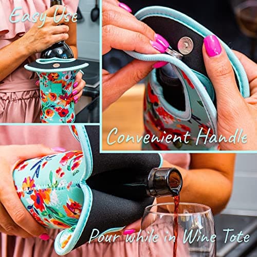 Made Easy Kit Insulated Wine Tote - Neoprene Wine Carrier Bag with Magnetic Handle Clasp - Wine Bottle Protective Travel Bag - Perfect for Gifting Travel or Gift Bag - Set of 3 (Floral Patterns)