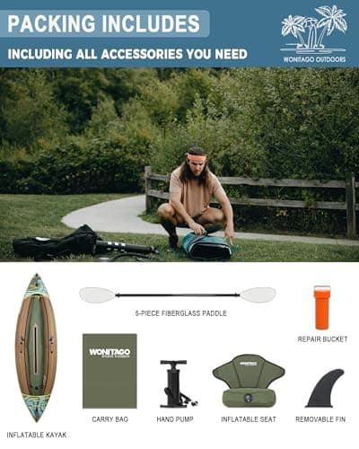 Inflatable Kayak, Portable Ripstop Oxford Cloth Recreational Touring Kayak with Fiberglass Kayak Paddle, Hand Pump and Carrying Bag, 1/2 Person