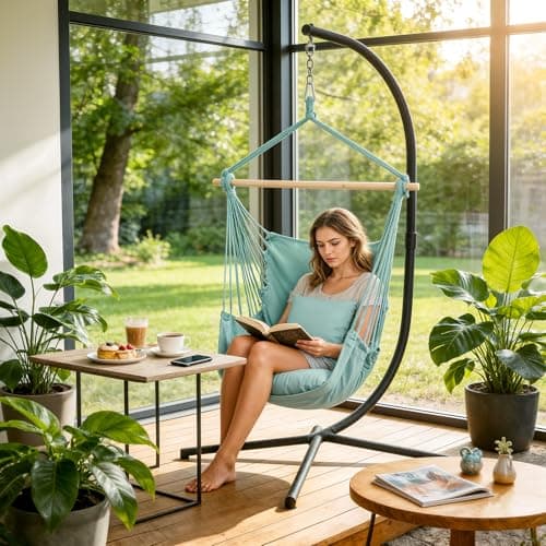 Athena Collection Hammock Chair Hanging Rope Swing Chair with 2 Cushions, Max 350 Lbs, Hanging Macrame Chair with Anti-Slip Grooves Spreader Bar and Pocket for Outdoor Indoor Patio Yard, Green