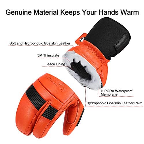 KUTOOK Ski Mittens with HIPORA Waterproof Membrane Goat Leather Gloves for Skiing Outdoor