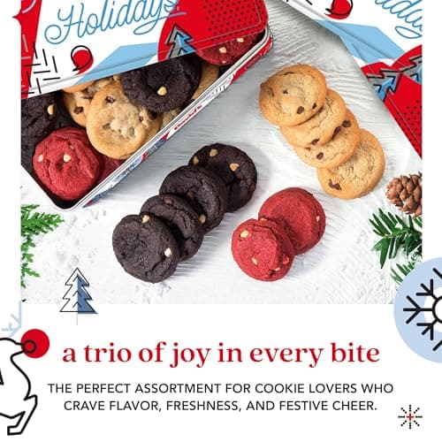David's Cookies Christmas Cookies Gift Box - Fresh Baked Assorted Mini Cookies in Winterwonderland Tin with Chocolate Chip, White Chocolate Chip & Red Velvet - Gourmet Holiday Food Gift Basket