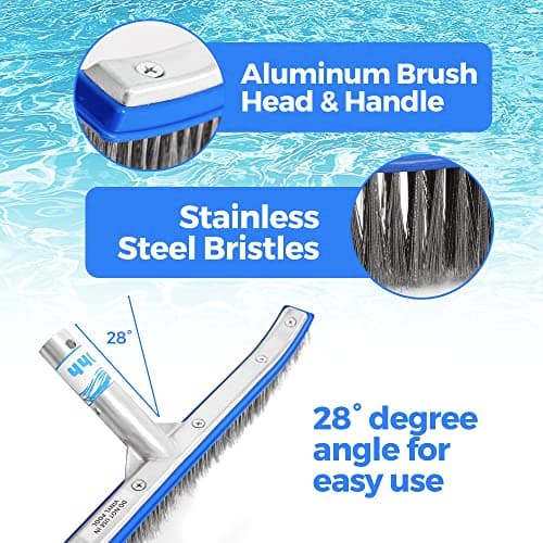 440 Heavy Duty Pool Brush - 18-inch Extra-Wide Metal Brush Head with Stainless Steel Wire Bristles & Curved Edges for Cleaning Pool Tiles, Walls, Floor, Steps (Stainless Steel)