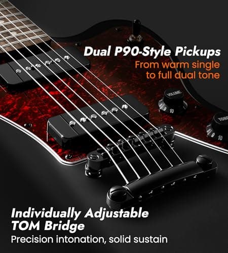 Tostar Electric Guitar: P90 Pickups, TOM Bridge & Smoked Matte Finish, 3-Way Switch, 39" Solid Body Electric Guitar for Intermediate Players, Guitarra Eléctrica Kit, Musical Birthday Gifts, Black