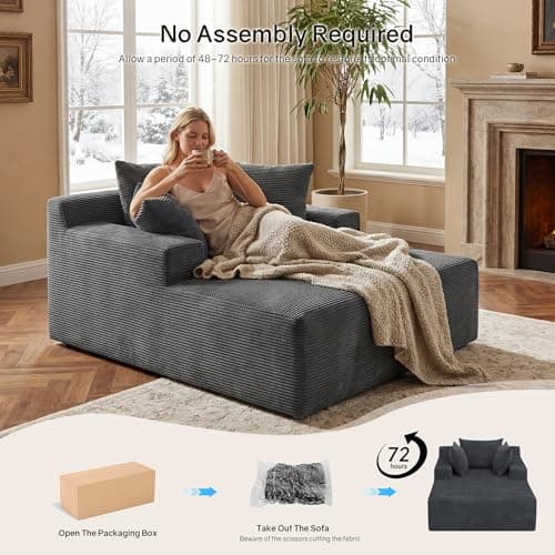 66" Chaise Lounge Chair Indoor, Oversized Boneless Lounge Chair with 3 Pillows, Corduroy Cloud Reading Chair for Living Room Bedroom, Deep Seat Sleeper Couch, No Assembly Required