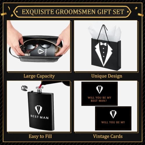 Complete Gift Set for Wedding with Flasks Shot Glasses Funnels Toiletry Bags Sunglasses Bottle Openers Gift Bags and Cards Rigibright 60 Pcs Groomsmen Gifts Set of 6 for Wedding Best Man Gift B0F6N4938G