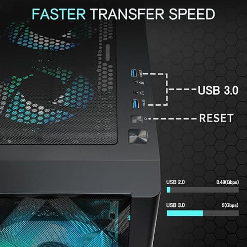 MUSETEX ATX PC Case Pre-Install 6 PWM ARGB Fans, Polygonal Mesh Computer Gaming Case, Opening Tempered Glass Side Panel Mid-Tower Case, USB 3.0 x 2, Black, NN8