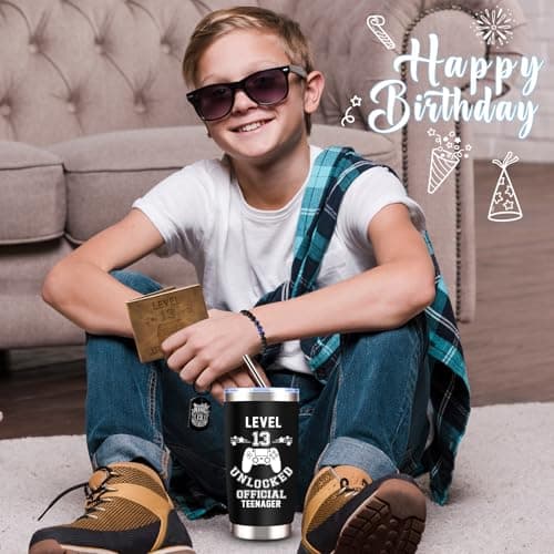 JTAMOHI 8 Pcs Happy 13th Birthday Gifts for Boys, 13 Year Old Boy Birthday Gifts Ideas with 20 Oz Tumbler, Funny Socks, Toilet Paper, Teen Wallet, Bracelet, Keychain for Son, Nephew, Grandson, Brother B0DSPNCMLB