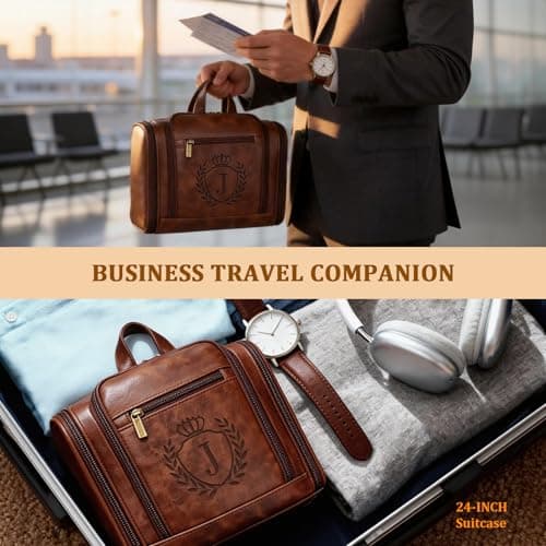 Large Hanging Leather Dopp Kit Engraved Monogram Brown Waterproof Bathroom Shaving Grooming Accessory|Luxury Unique Male Gift Personalized Gifts for Men Dad Father Birthday Toiletry Travel Bag J B0GL21B7QQ