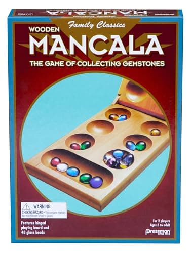 Pressman Mancala Board Game | Fun Classic Table for Adults & Kids | Includes 48 Glass Mancala Stones and Wood Hinged Playing Board | 2 Players, Ages 6+