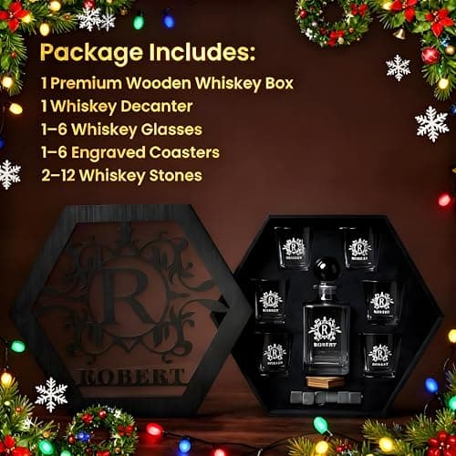 Personalized Whiskey Decanter Set for Men Home Bar Custom Liquor Decanters Wooden Box Whiskey Glasses Set Gifts for Husband Dad Men Cave Christmas Birthday Anniversary Valentine‘s Day