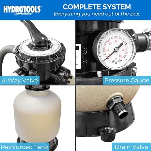 SWIMLINE HYDROTOOLS Complete Sand Filter System, 14" Tank - for Above-Ground & Inground Pools Up to 10,500 Gallons, Single Speed Pump, 0.45 THP, 2,400 GPH, 4-Way Multi-Port Valve, 60 lb Capacity