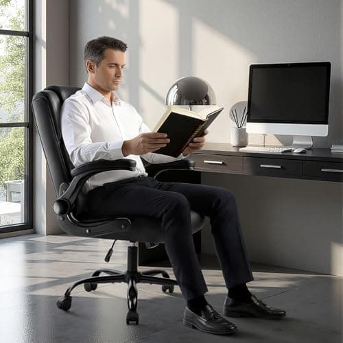 OFIKA Leather Office Desk Chair,Ergonomic Office Chair with Lumbar Support,Computer Chair,Executive Leather Chair with Padded Flip-up Arm,Adjustable Armrests, Black,275LBS