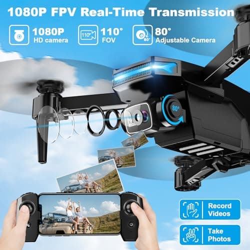 Drone with 1080P Camera - Foldable Remote Control Quadcopter with Gesture Control, 3D Flip, One Key Start, Emergency Stop, 2 Batteries, Easier to use, Toy for Adult Beginners, Black&Blue
