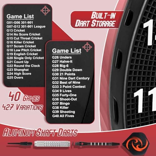 Electronic Dart Board, Soft Tip Dartboard Set 40 Games, 427 Variants Digital Electric Dart Boards with Colorful LED, 6 Darts, 100 Tips, Power Adapter