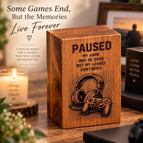 Gaming Memorial Urn Box for Human Ashes,Cremation Urn with Laser Engraved Headphones & Game Controller Design, Wooden Keepsake Funeral Urn for Adult Ashes, Memorial Gift B0HD81S9SR
