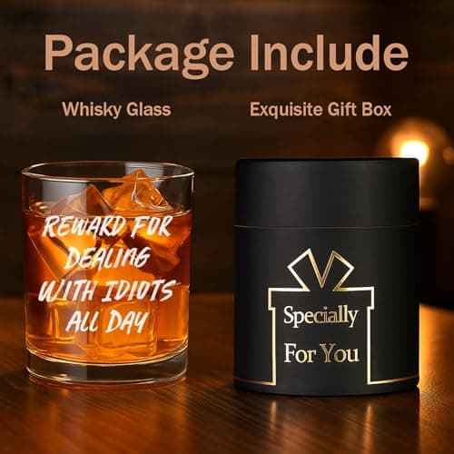 Reward For Dealing With Idiots All Day Whiskey Glass, Funny Gifts for Men Coworker Friend Husband Boss Him Christmas Bosses Day Birthday, 10 OZ Old Fashioned Glass with Gift Box