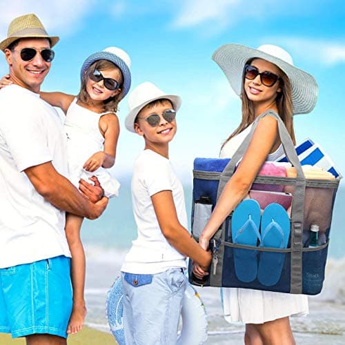 F-color Mesh Beach Bag Family - Large Tote Bag 9 Pockets for Swim Pool Toys Cruise Beach Vacation Essentials