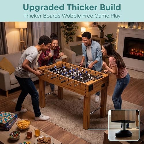 SereneLife 48in Competition Sized Foosball Table - Height Adjustable Arcade Soccer Set for Home, Game Room, Man Cave - Includes 2 Balls & 2 Fold-Out Cup Holders, Natural