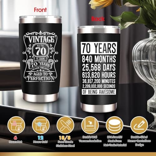 70th Birthday Gifts for Men - Unique Box with 20 Oz Tumbler, Scented Candle, Socks, Baseball Cap for Husband, Dad, Grandpa, Friends, Teachers, Boss