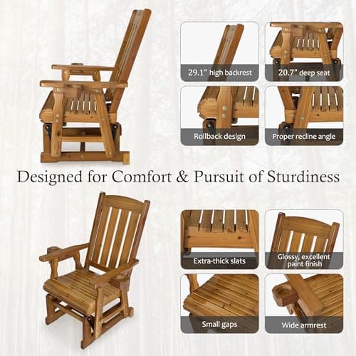 Fortune Candy Wooden Patio Glider for One Person, with High Back and Deep Contoured Seat, Solid Fir Wood, Heavy Duty 600 LBS (Cedar Tone, 1-Seater)