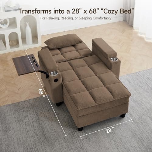 41.7" Oversized Chaise Lounge Chair Indoor, Boucle Upholstered Sofa Bed with Adjustable Backrest, Deep Seat Reading Chair, Sofas Couches for Living Room, Storage, Cup Holders & 360° Swivel Side Table