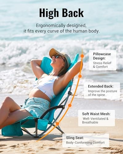 KingCamp Low Beach Chair, High Back Folding Camping Chair for Adults, Oversized Breathable Mesh Seat, 300lbs Heavy Duty Portable Chair with Cup Holder & Storage Pockets for Beach, Outdoor