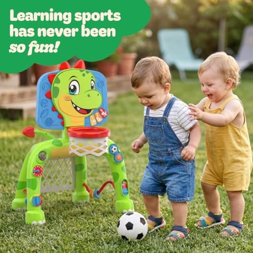 Move2Play, Dinosaur Basketball Hoop & Soccer Goal Activity Center | 30+ Sounds & Songs + 5 Lights | 1 2 3 Year Old for Boys and Girls | Toy & Gift for Baby & Toddlers B0FJSJHNHY