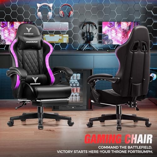 EXRACING Gaming Chair with Footrest Ergonomic High-Back PU Leather Computer Chair with RGB LED Lights Linkage Armrests Lumbar Support and Headrest 150°Reclining Diamond Quilted Office Chair for Adults