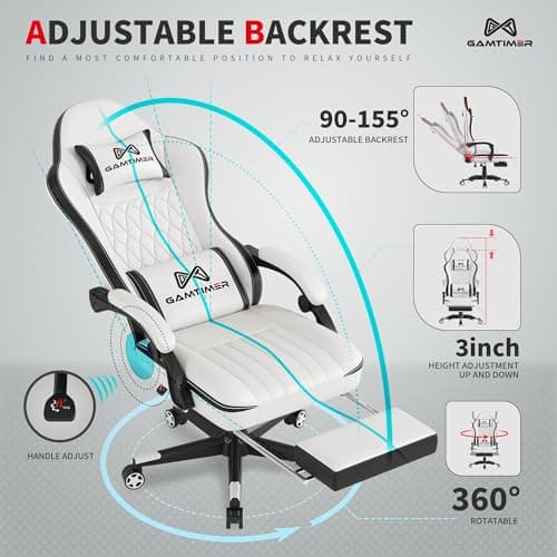 Gamtimer Gaming Chair with Footrest, Ergonomic Computer Chair, PU Breathable Material with Headrest and Lumbar Support, Suitable for Silla Gamer and Adults (White)