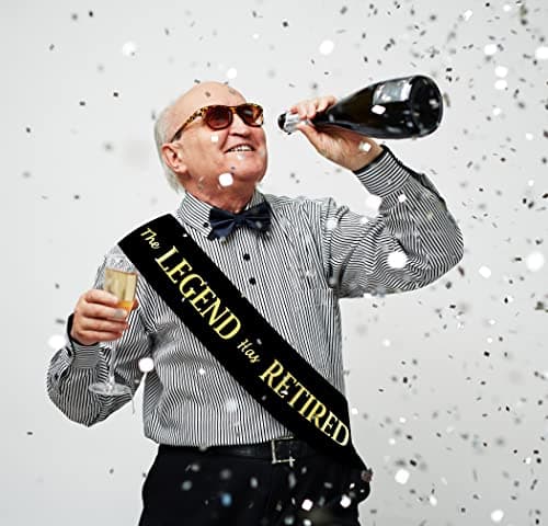 The Legend Has Retired Sash – Elegant Black and Gold Foil Legendary Sash for Both Women and Men & a Large Gold Safety Pin. Perfect for Retirement Parties