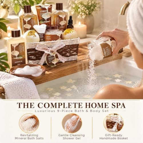Gifts For Women Gift Basket for Women– 9 Piece Set of Vanilla Coconut Home Spa Set, Includes Fragrant Lotions, Extra Large Bath Bombs, Coconut Oil, Luxurious Bath Towel & More