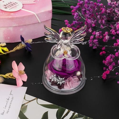 Christmas Rose Gifts for Women,Fresh Flowers for Delivery,Birthday Gifts for Women Mom,Preserved Flowers in Glass Angel Figurine,Angel Christmas Rose Gift for Grandma,Purple Gift Valentines