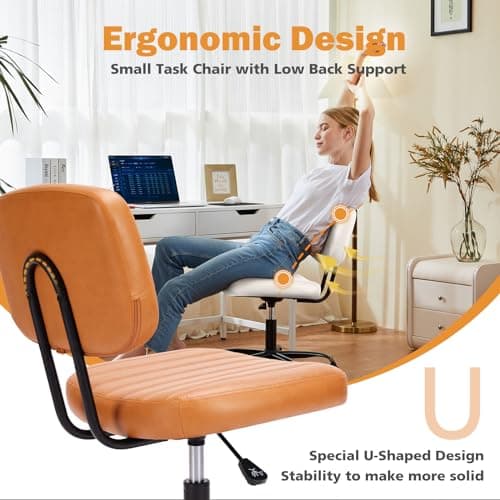 Sweetcrispy Small Office Desk Chair - Armless PU Leather with Comfy Lumbar Support, Height Adjustable Rolling Swivel Task for No Arms, for Adult, Student, Bedroom, Home, Vanity, Brown
