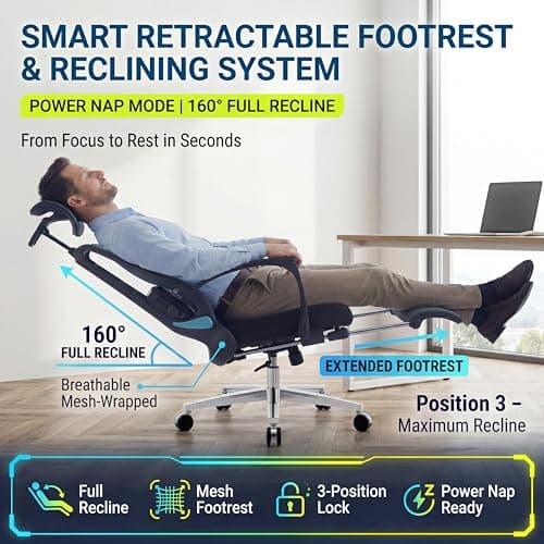 Ergonomic Office Chair with Footrest & Adjustable Lumbar Massager, High Back,Big and Tall,Desk Chair with 5D Headrest, Reclining Swivel Rolling Mesh Chair for Home Office, 400LBS (Black)