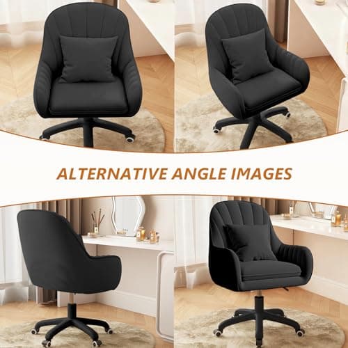 JPBSTO Upholstered Desk Chair with Pillow Swivel Rolling Accent Chair for Women Girls, Adjustable Height Vanity Chair with Wheels for Living Room, Home Office, Black