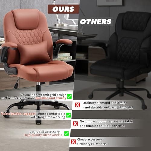 Executive Office Chair PU,Leather Office Chair with Wheels,360° Swivel Rolling Chair with Padded Arms,Ergonomic Computer Chair with Lumbar Support for Short People Use(Brown)