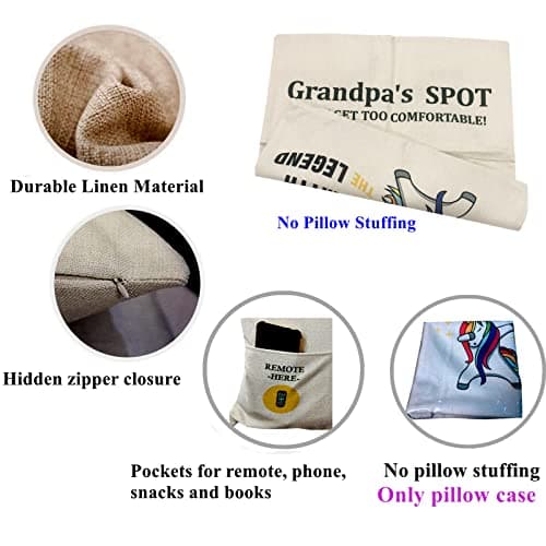 Grandpa Gifts,2-Pocket Grandpa’s Spot Throw Pillow Covers 18x18 Inch + Engraved Spoon, Fathers Day Birthday Christmas Thanksgiving Day Gifts for Papa, Granddad