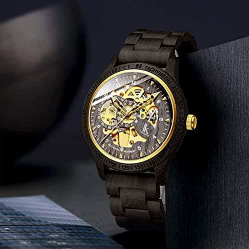 IK COLOURING Men's Watches Luxury Mechanical Wooden Case Skeleton Lumious Automatic Self-Winding Lightweight Genuine Leather Bracelet/Wood Band Wrist Watch
