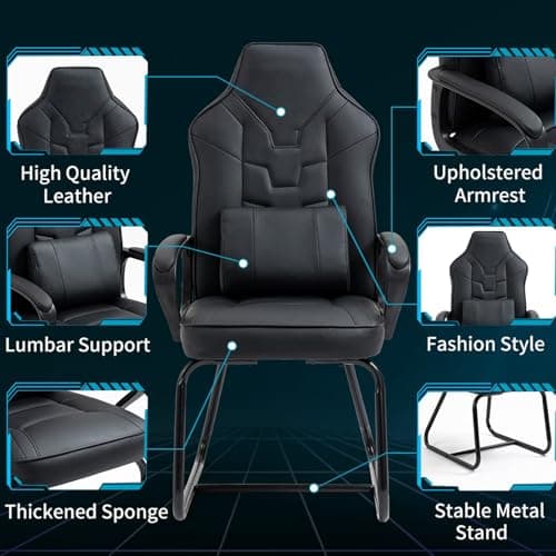 Leather Office Guest Chair No Wheels High Back Computer Reception Chairs with Padded Arms Waist Pillow for Gaming Meeting Conference Waiting Room, Black