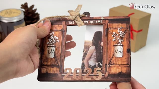 Personalized Wedding Gifts for Couples 2025 - Marriage Customized Wood Ornaments with Photos, Bridal Shower Gifts for Bride, Mr and Mrs Engagement Gift, Personalized Picture Frame