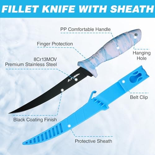 FLISSA Fillet Knife Set with 5"/6"/7"/9" Fillet Knives, Sharpener, Protective Sheath, Portable Roll Bag, Gifts for Fishermen, Saltwater & Freshwater Use