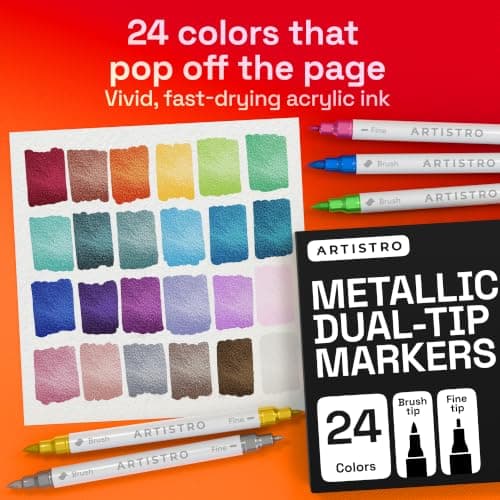 For Fabric, Rock, Glass, Wood, Arts & Crafts Gift for Adults, Teens & Kids, Pumpkin Decorating Kit & Halloween Crafts ARTISTRO 24 Metallic Dual-Tip Acrylic Paint Marker Pens for Drawing B0CZ14KD68