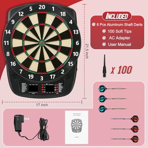 Electronic Dart Board, Soft Tip Dartboard Set 40 Games, 427 Variants Digital Electric Dart Boards with Colorful LED, 6 Darts, 100 Tips, Power Adapter