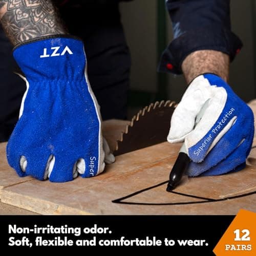 VZT 12 Pairs Bulk Winter Leather Work Gloves for Men or Women for Construction, Wood cutting, Driving, Water Resistant, Keep warm, Soft, Cowhide, Class 4 Abrasion Resistant, Blue-White, XL