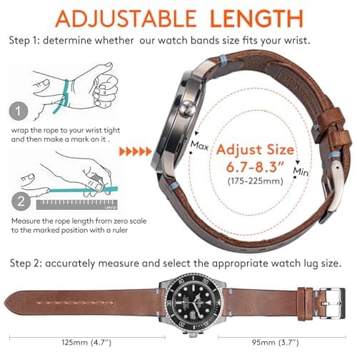 hemsut h Leather Watch Bands for Men, Horween Quick Release Leather Watch Strap Vintage Watch Replacement Wrap of 18mm, 20mm, 22mm