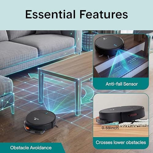 SereneLife Smart Robot Vacuum Cleaner and Mop Combo, App Control, 3 Cleaning Modes, Anti-Fall Sensors, Self-Charging, High Suction Ideal for Pet Hair, Carpet and Hard Floors, Black