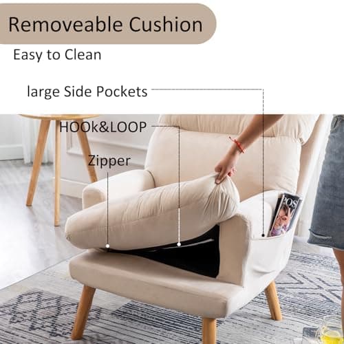 INZOY Accent Chairs with Ottoman Set, Modern Velvet Armchair with Adjustable Backrest, Comfy Lounge Chair for Living Room Bedroom, Beige