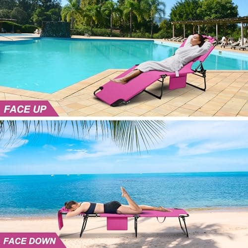 400lbs Tanning Chair, 5-Fold Beach Lounge Chair with Face Hole & 2 Side Pockets, Non-Slip Foot & Portable Handle, Beach Chaise Lounge for Patio/Pool/Lawn(1, Pink)