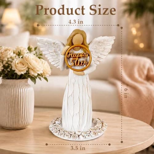 Hand-Painted Resin Angel Figurine with Rose Base, Milestone Birthday Gift for Mom Grandma Wife Sister 50th Birthday Gifts for Women - Replaceable 60th, 70th, 80th Age Plates B0H8CG1828